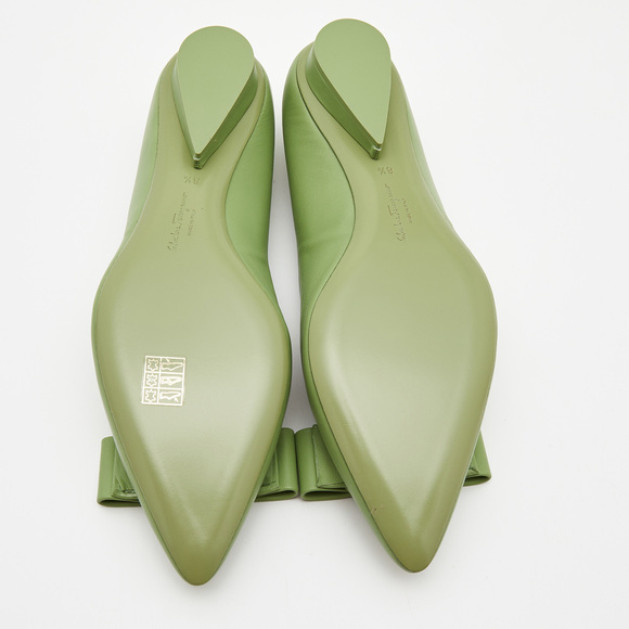 Salvatore Ferragamo Green Leather Viva Bow Ballet Flats Size 39 - Picture 5 of 8